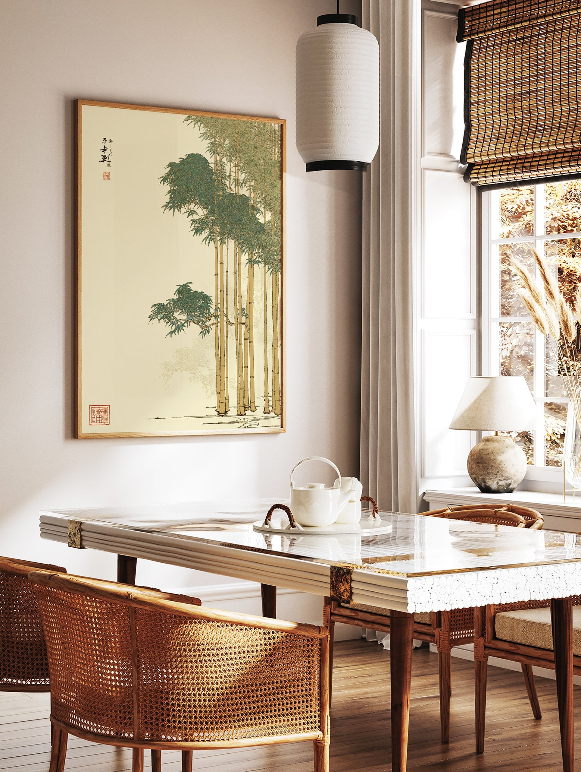 Japanese bamboo wall art print with vibrant green leaves and golden stalks, featuring traditional calligraphy and red seals. - Image 2