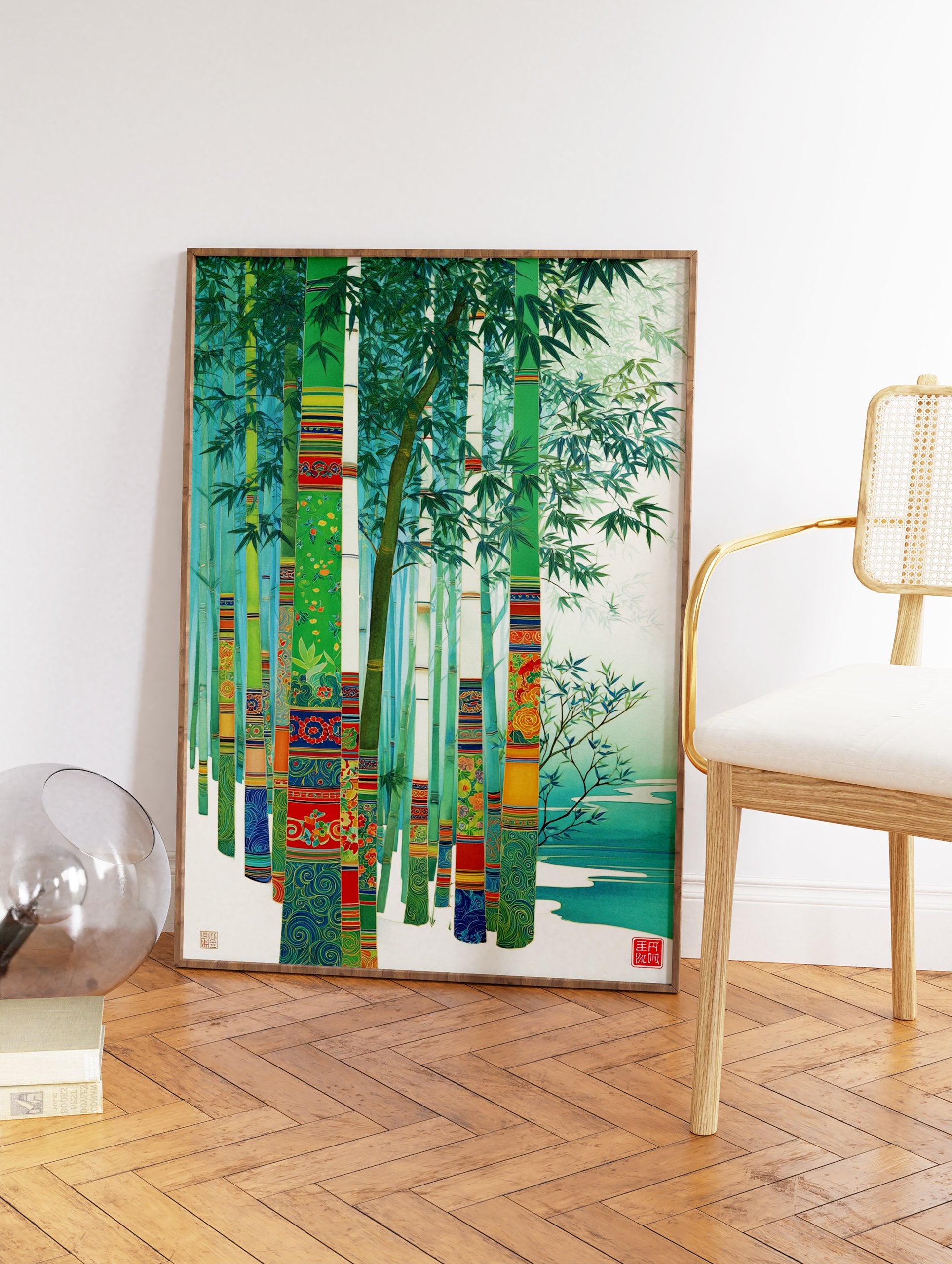 Japanese Bamboo Wall Art featuring decorative green and blue bamboo stalks with intricate patterns in a serene forest by water. - Image 2