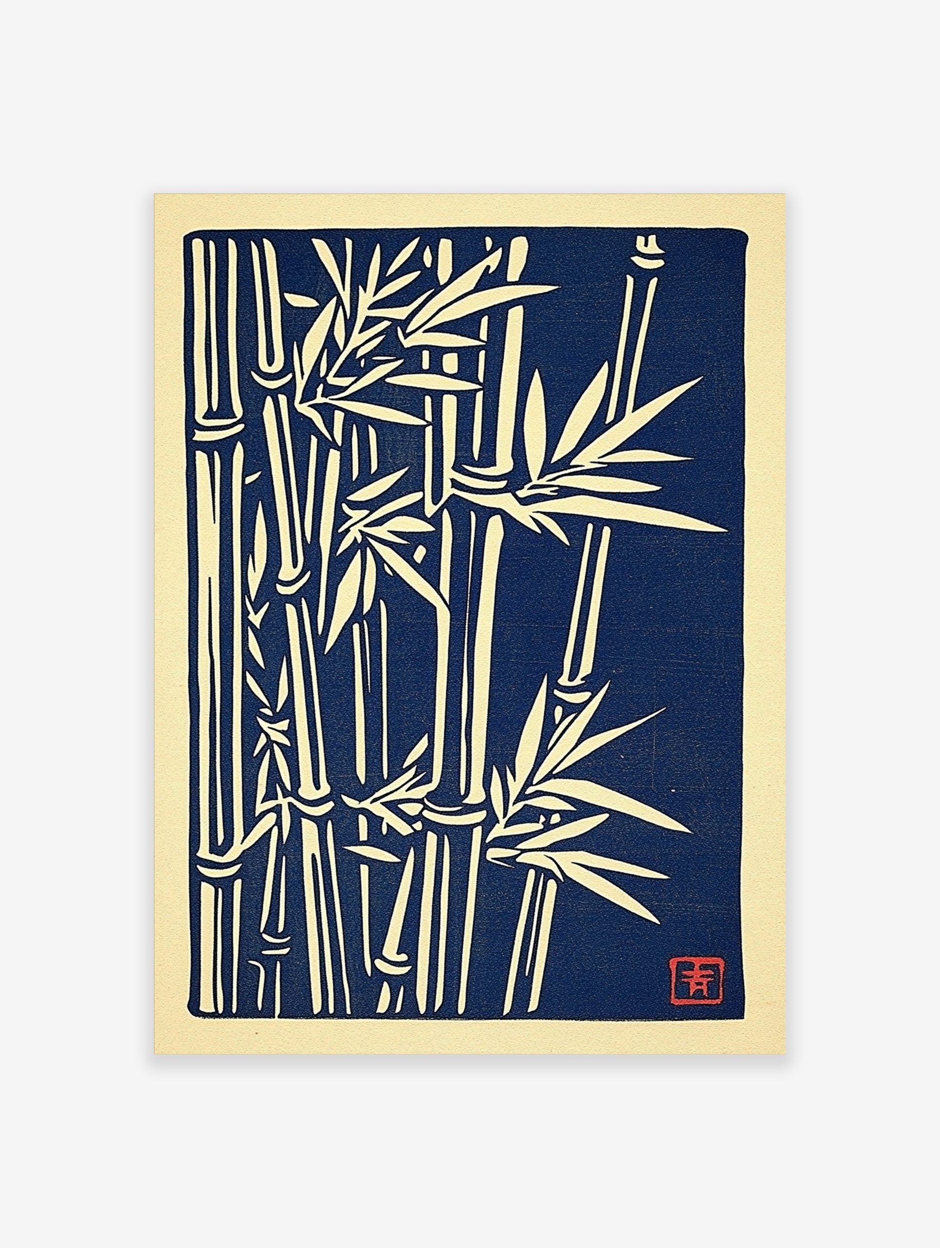 Japanese woodblock style wall art print featuring off-white bamboo stalks and leaves on a navy blue background