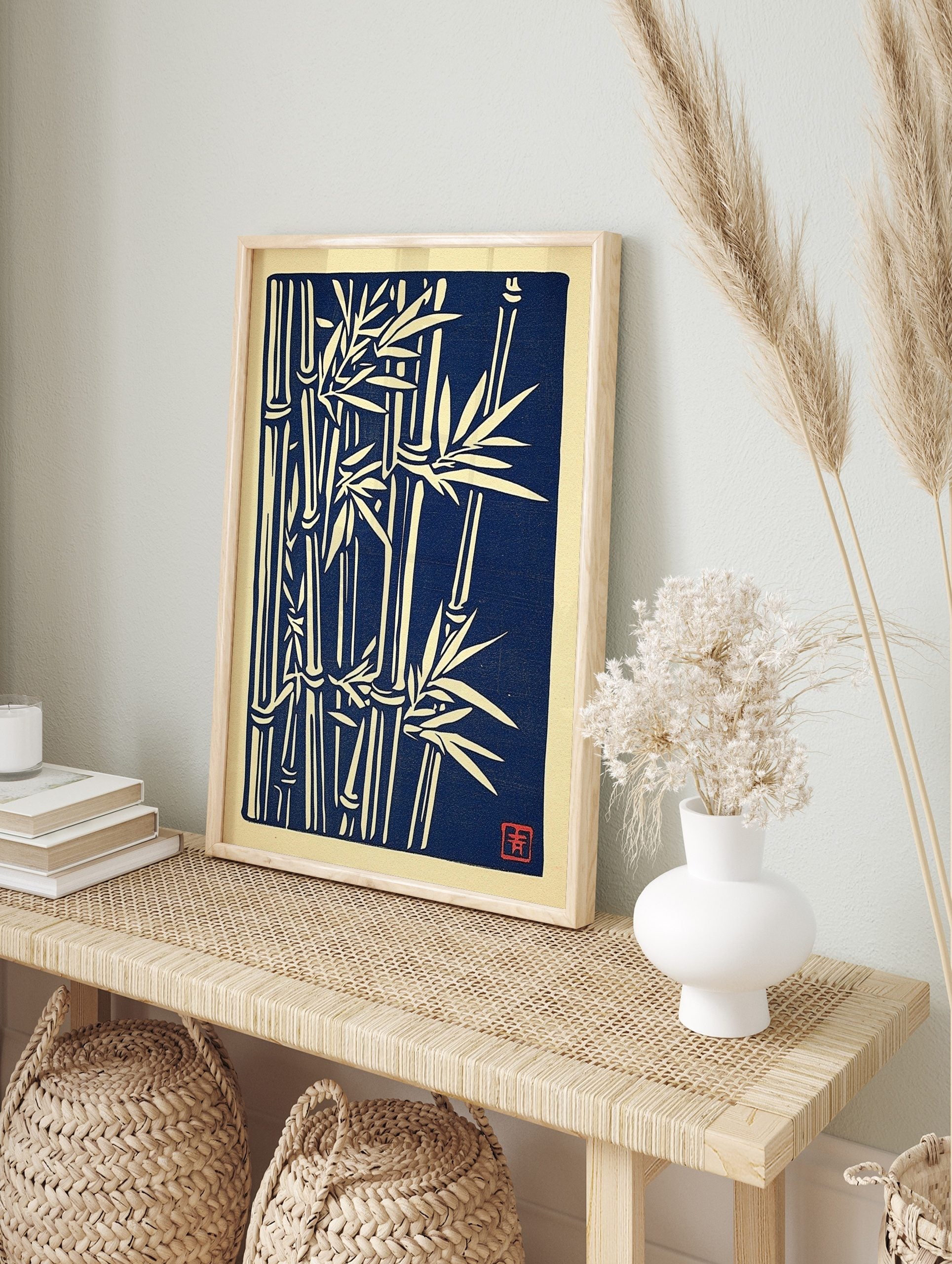 Japanese woodblock style wall art print featuring off-white bamboo stalks and leaves on a, in an alternate framed mockup