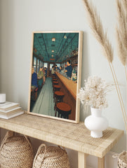 Illustrative Japanese bar car interior art print with patrons, bartender, and wooden bar in, in an alternate framed mockup