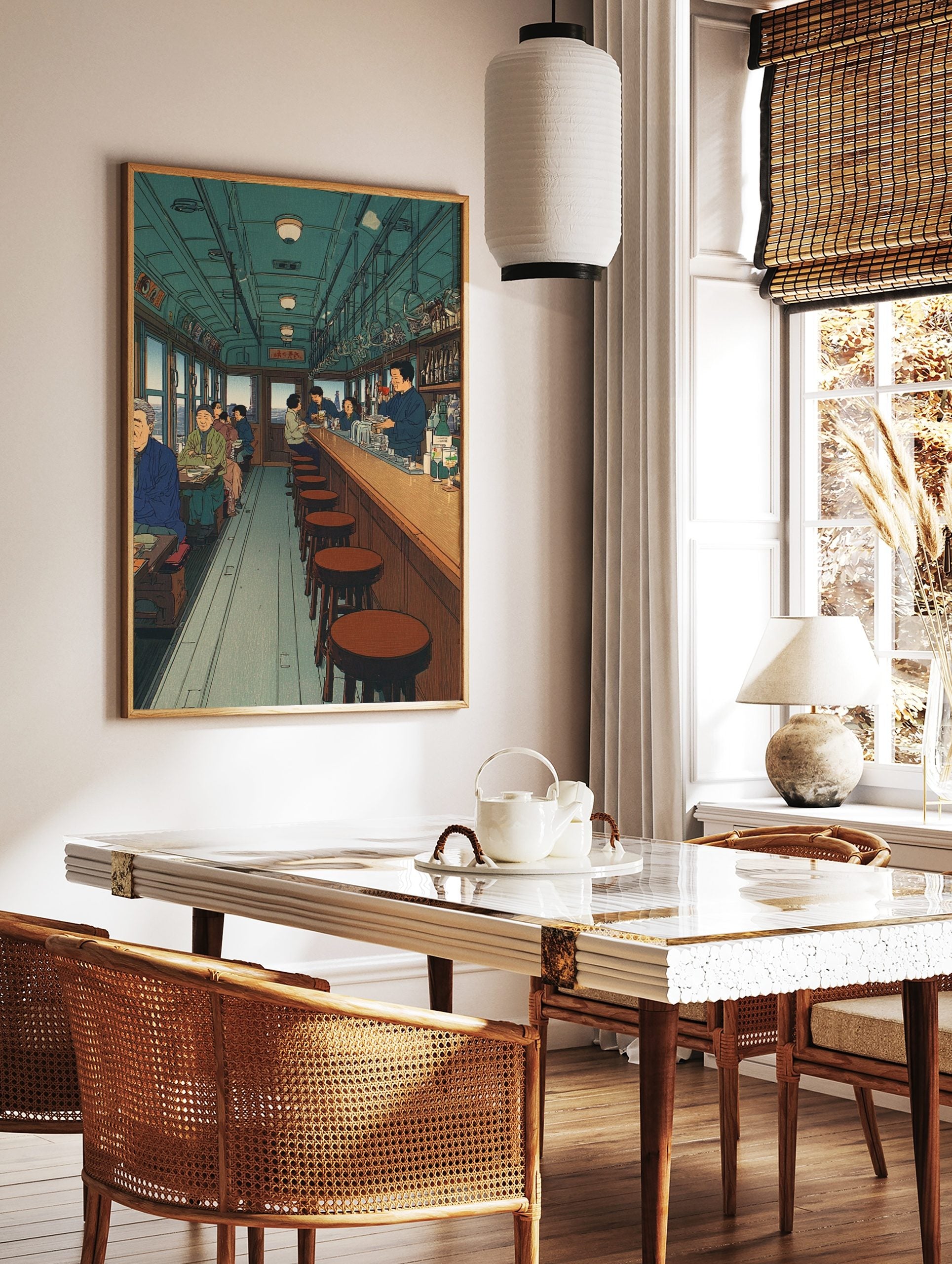 Illustrative Japanese bar car interior art print with patrons, bartender, and wooden bar in teal, in a styled room mockup