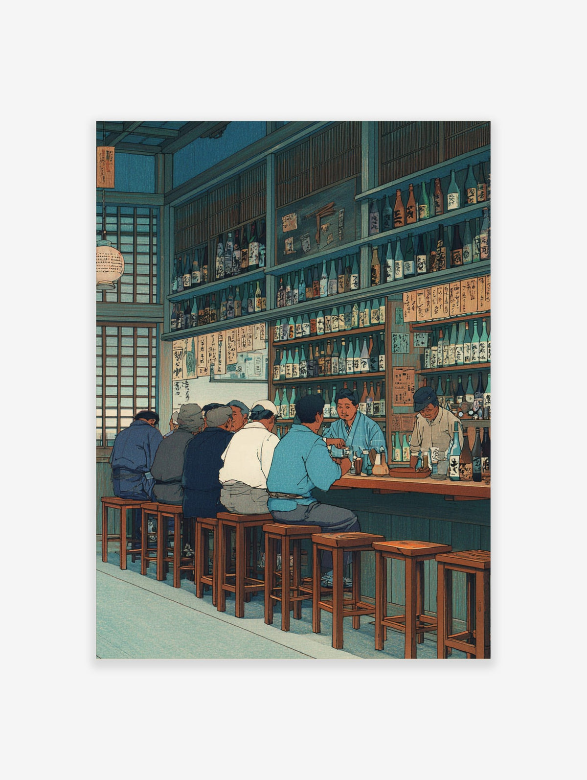 Japanese izakaya bar scene wall art with patrons at a counter and sake bottles, in a traditional illustrative style