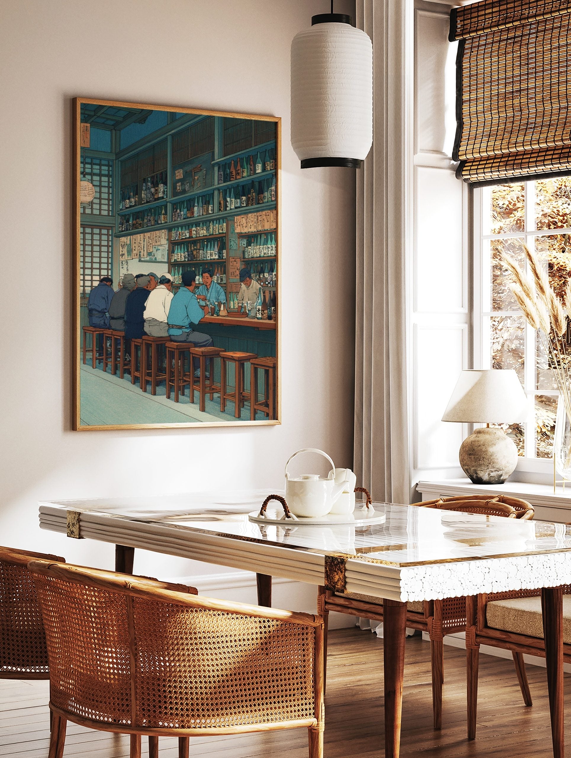 Japanese izakaya bar scene wall art with patrons at a counter and sake bottles, in a traditional, in a styled room mockup
