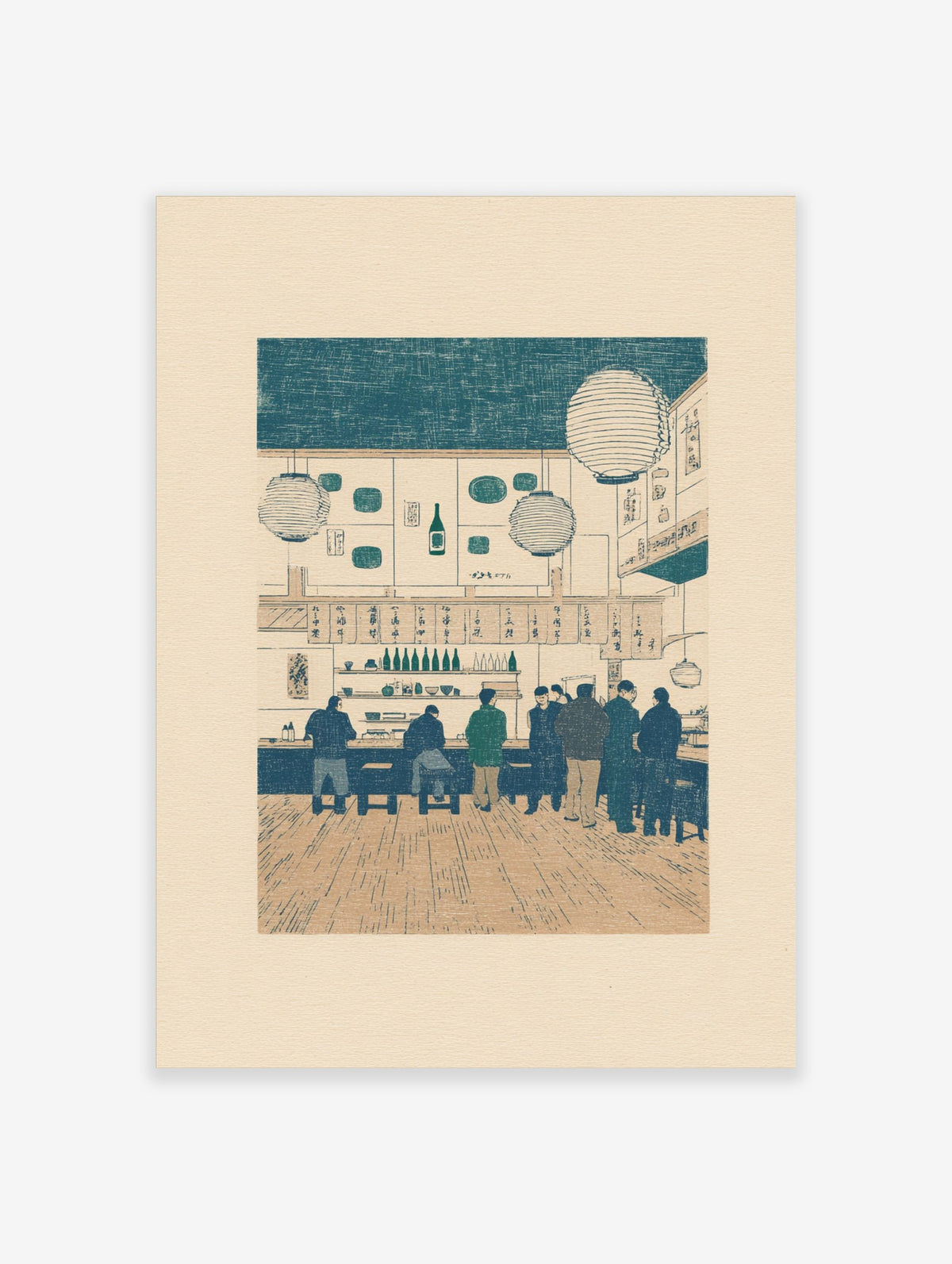 Japanese bar scene interior with patrons at counter, lanterns, and kanji signs in teal and beige