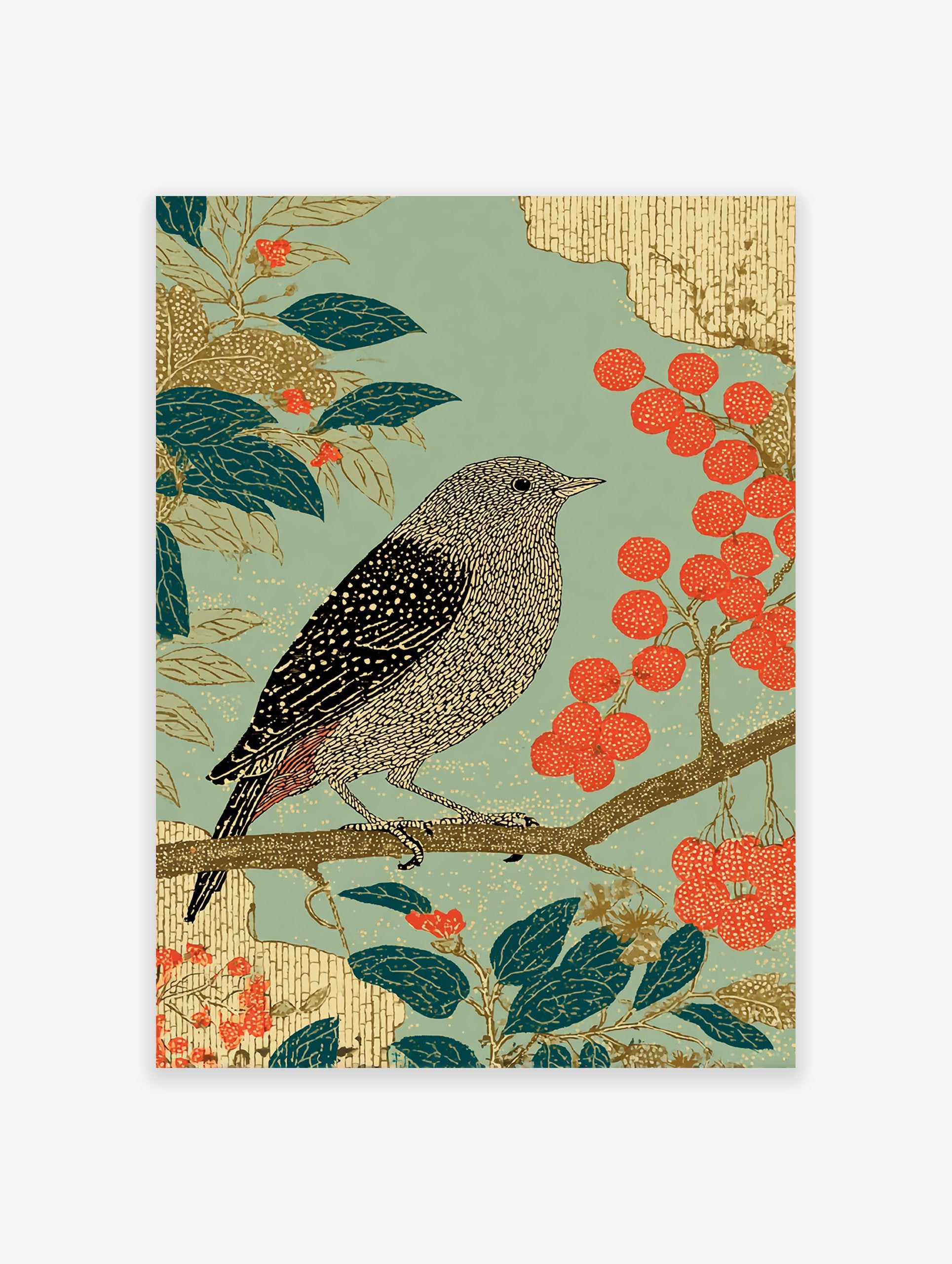 Japanese style bird poster with intricate illustration of a bird on a branch with green leaves and red berries.