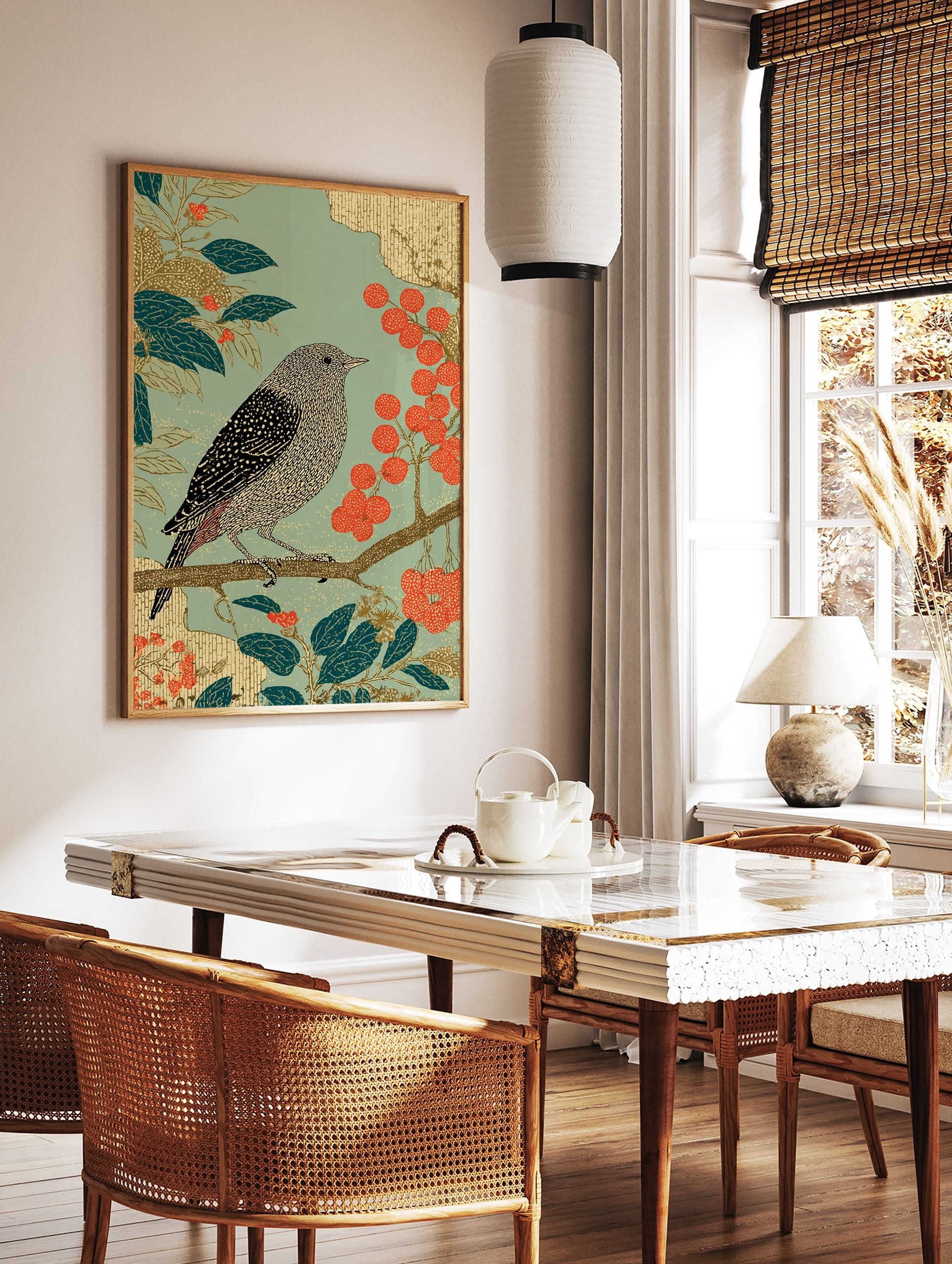 Japanese style bird poster with intricate illustration of a bird on a branch with green leaves and red berries. - Image 2