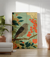 Japanese style bird poster with intricate illustration of a bird on a branch with green leaves and red berries. - Image 3