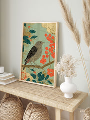 Japanese style bird poster with intricate illustration of a bird on a branch with green leaves and red berries. - Image 4
