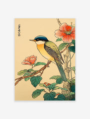Japanese bird poster featuring a blue-headed, green and yellow bird on a branch with vibrant red flowers and green leaves.