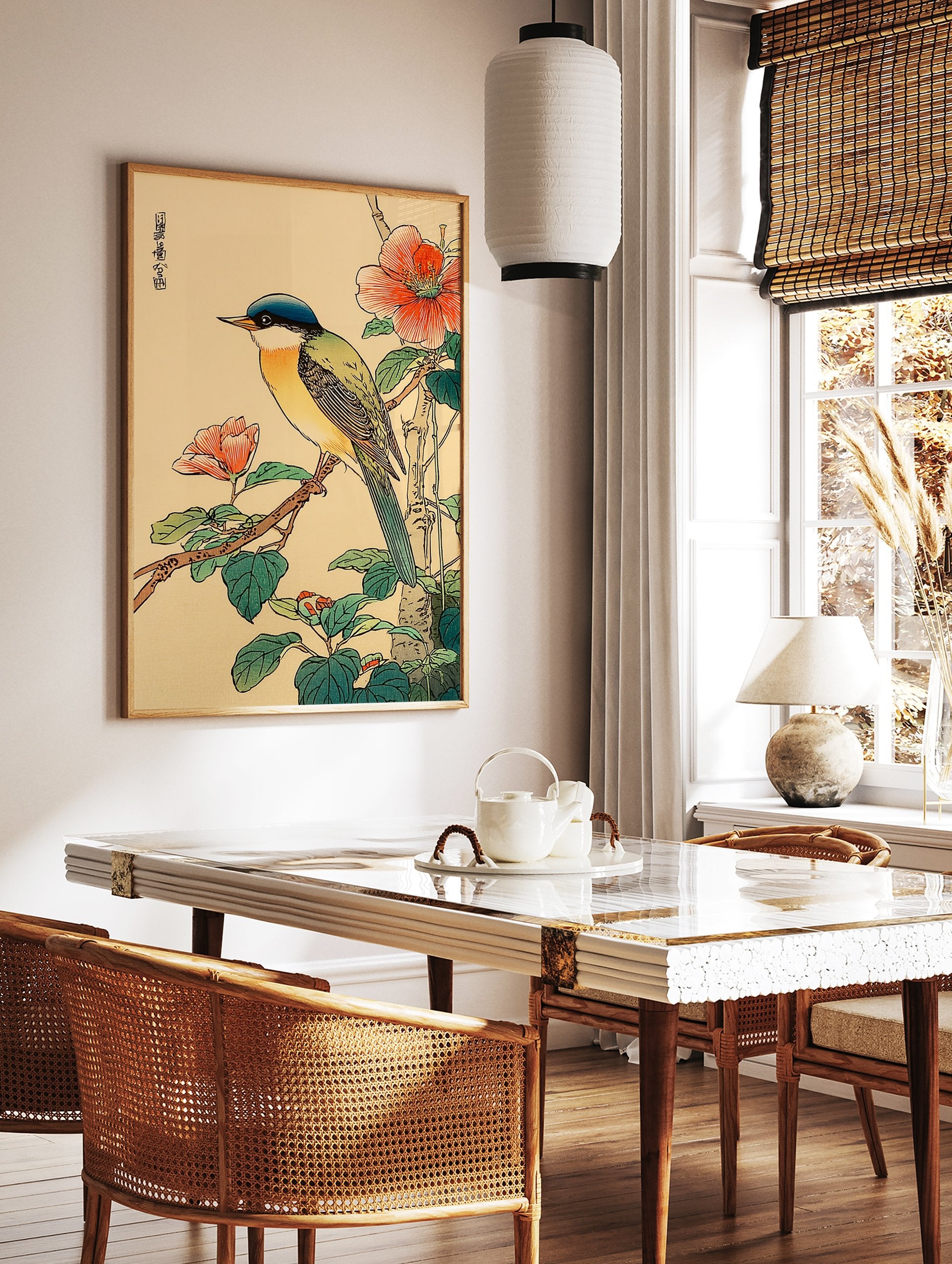 Japanese bird poster featuring a blue-headed, green and yellow bird on a branch with vibrant red flowers and green leaves. - Image 2