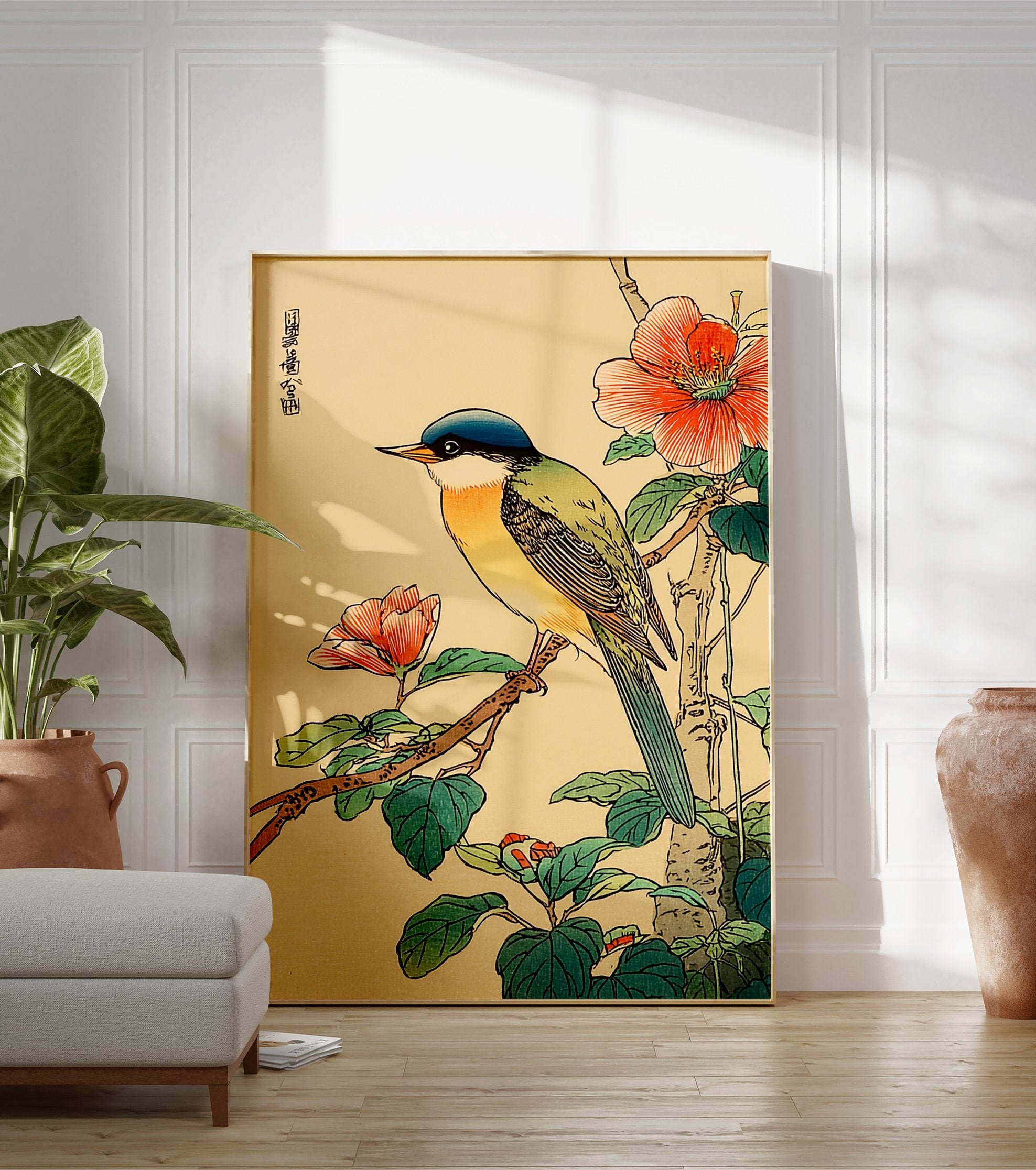 Japanese bird poster featuring a blue-headed, green and yellow bird on a branch with vibrant red flowers and green leaves. - Image 3