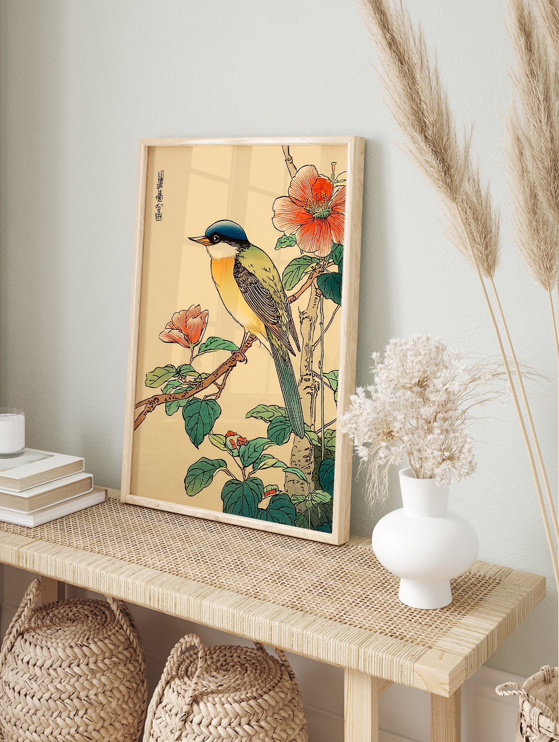 Japanese bird poster featuring a blue-headed, green and yellow bird on a branch with vibrant red flowers and green leaves. - Image 4