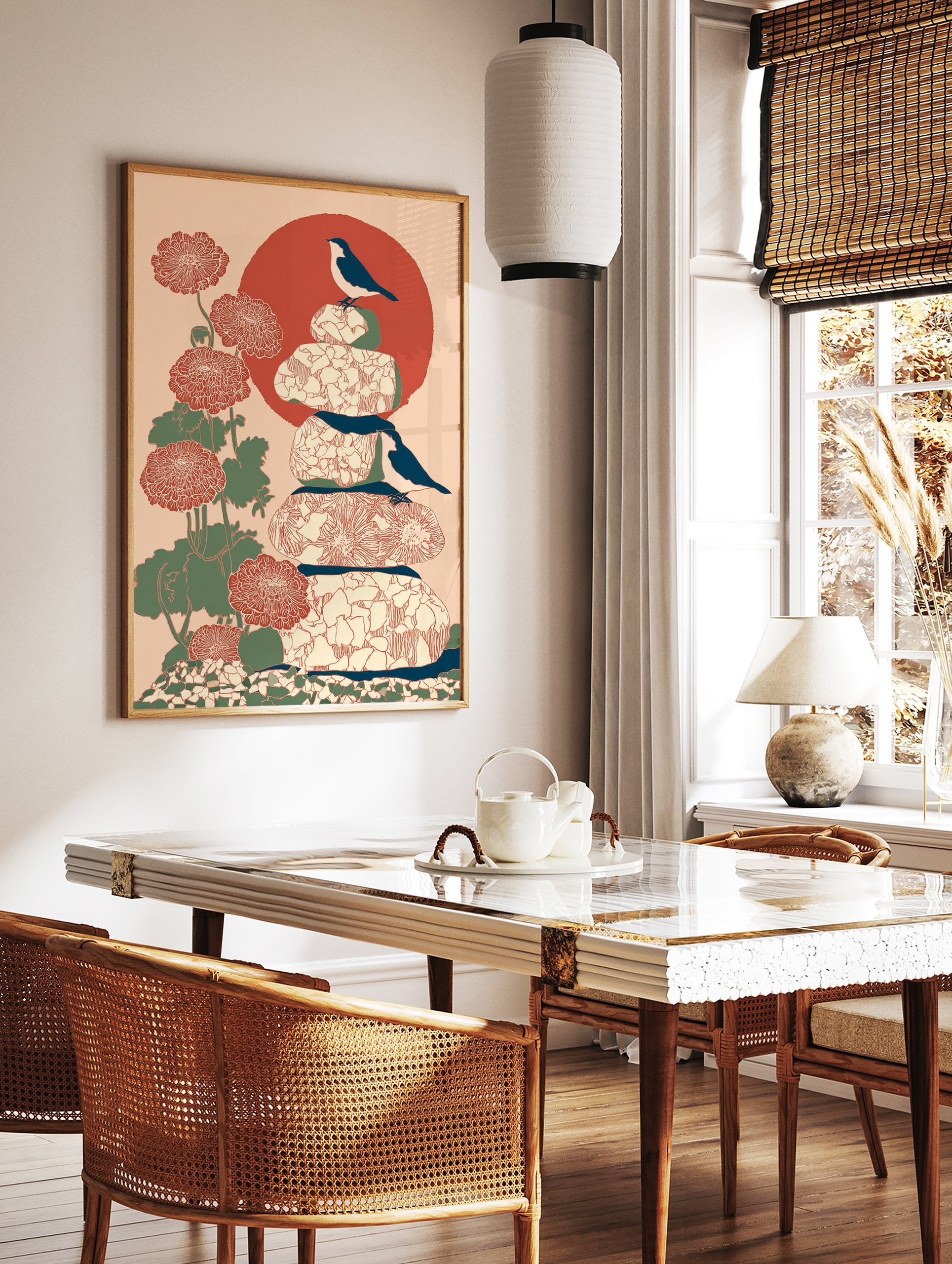 Japanese bird wall art print with two black and white birds, red flowers, green leaves, stacked stones, and a large red sun. - Image 2