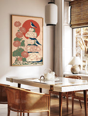 Japanese bird wall art print with two black and white birds, red flowers, green leaves, stacked stones, and a large red sun. - Image 2