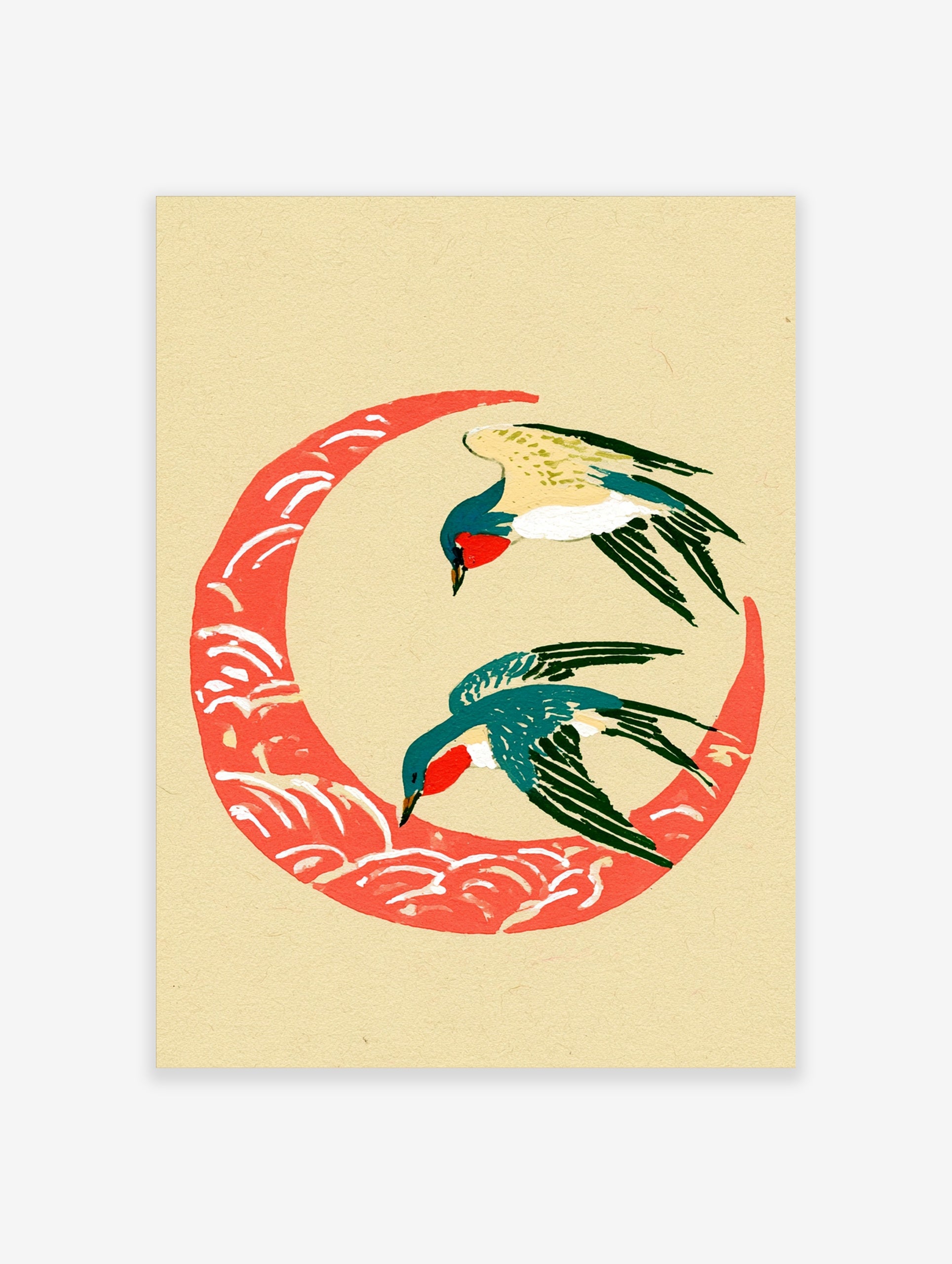 Two birds flying over a stylized red crescent wave, Japanese-inspired minimalist art print on cream background