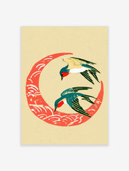 Two birds flying over a stylized red crescent wave, Japanese-inspired minimalist art print on cream background