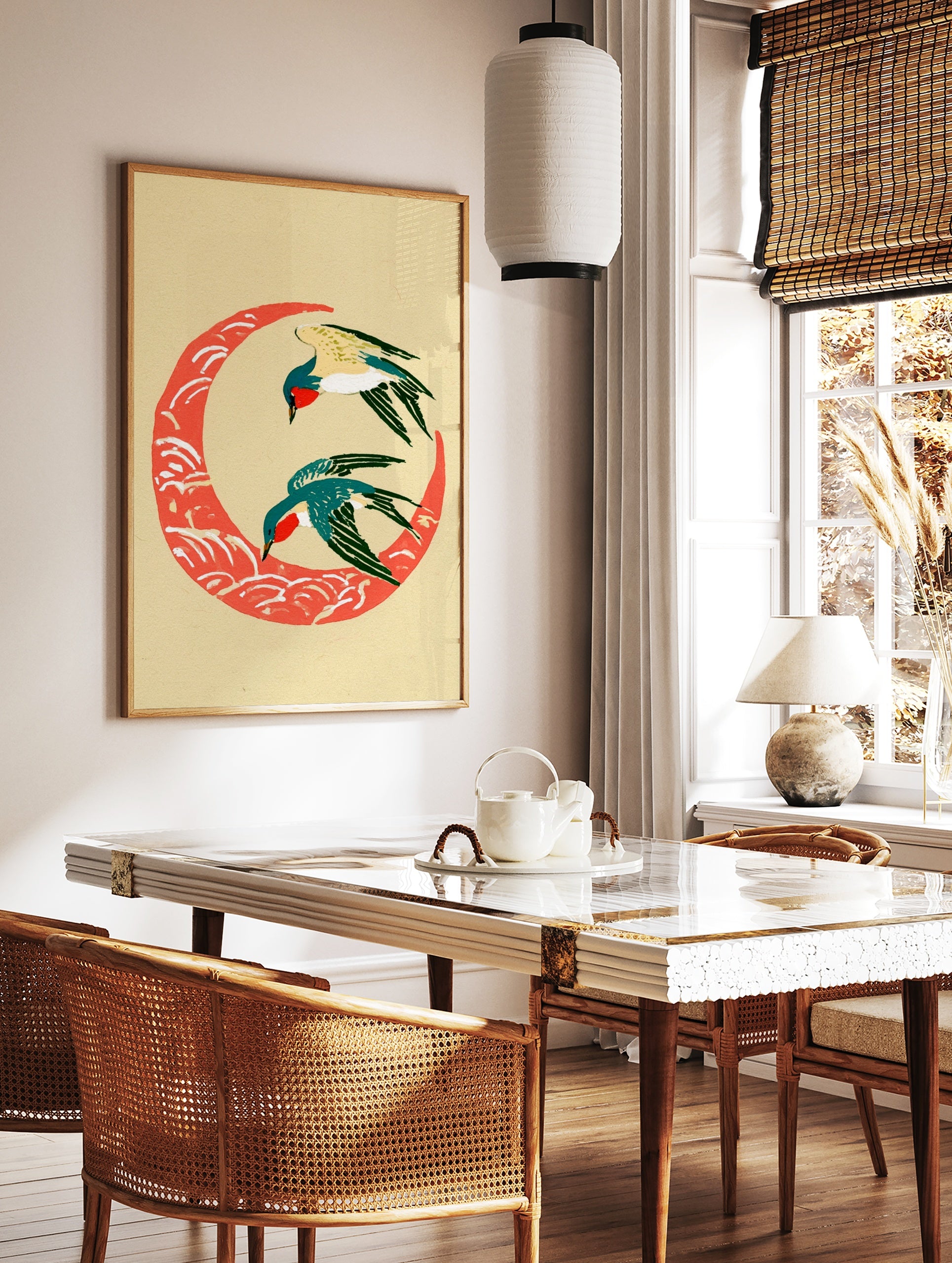 Two birds flying over a stylized red crescent wave, Japanese-inspired minimalist art print on cream, in a styled room mockup