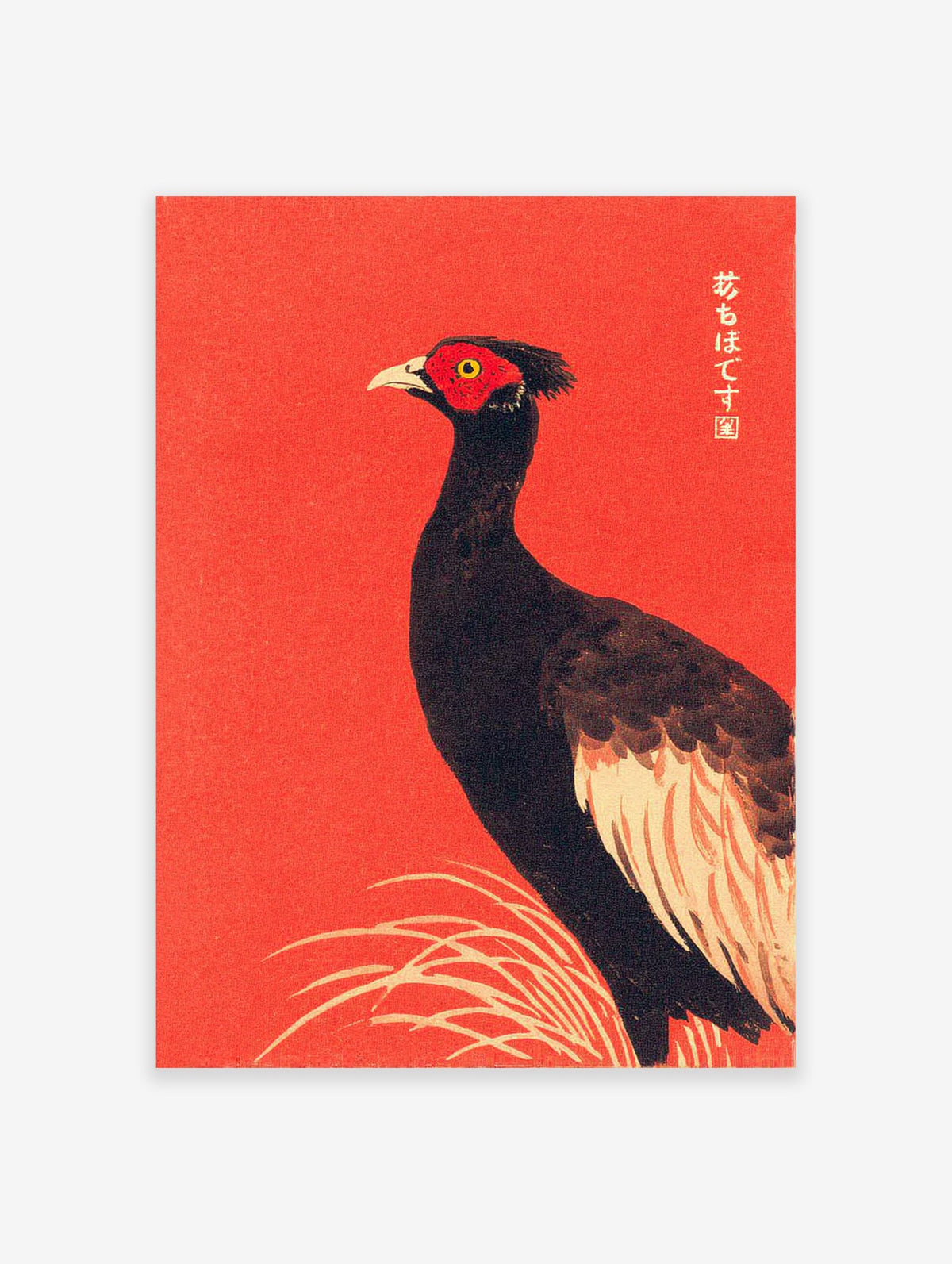 Japanese Ukiyo-e style bird wall art featuring a black pheasant with red face on a vibrant textured red background.