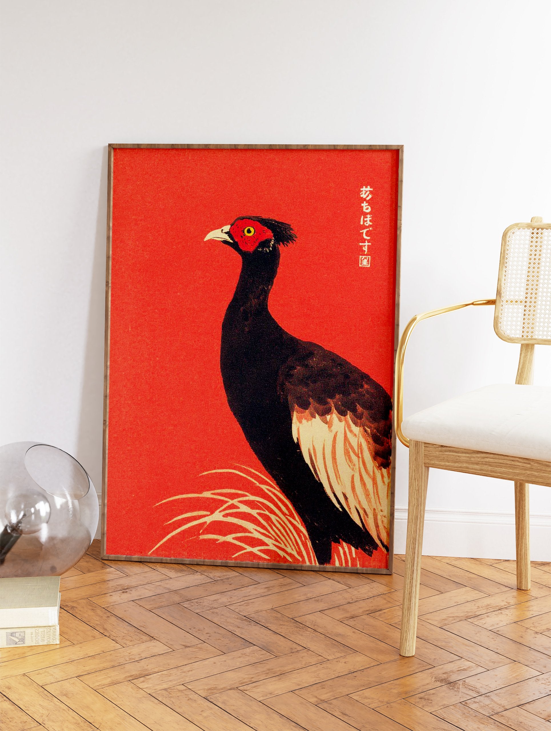 Japanese Ukiyo-e style bird wall art featuring a black pheasant with red face on a vibrant textured red background. - Image 2