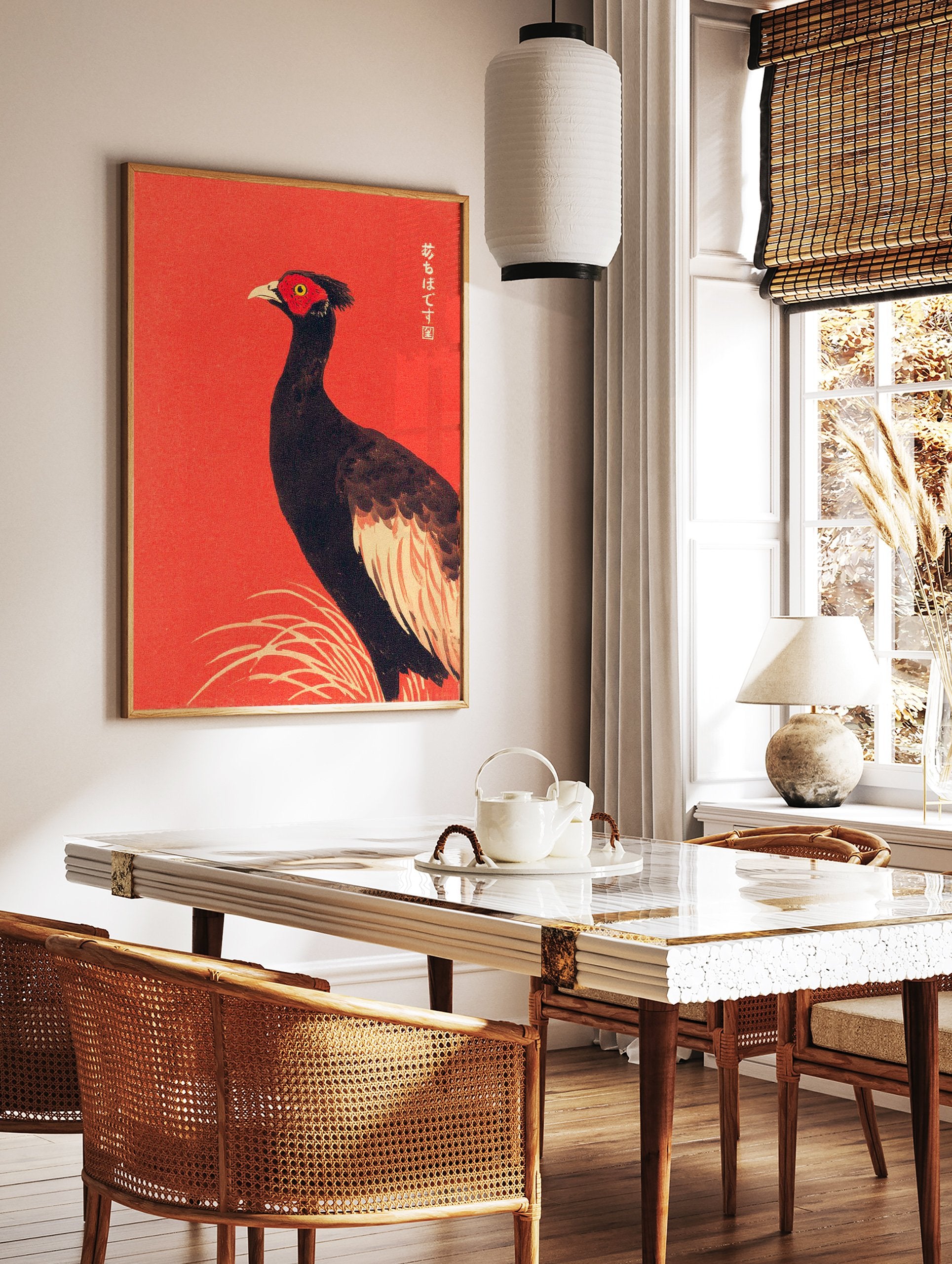 Japanese Ukiyo-e style bird wall art featuring a black pheasant with red face on a vibrant textured red background. - Image 3