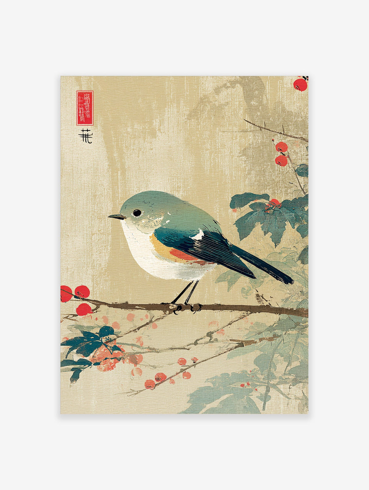 Japanese Ukiyo-e style print of a Red-flanked Bluetail bird on a branch with red berries and green leaves