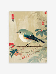 Japanese Ukiyo-e style print of a Red-flanked Bluetail bird on a branch with red berries and green leaves