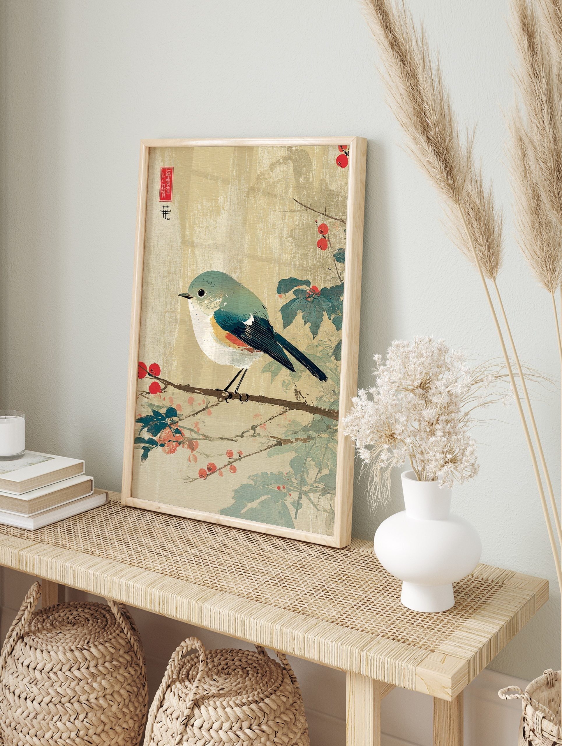 Japanese Ukiyo-e style print of a Red-flanked Bluetail bird on a branch with red berries and, in an alternate framed mockup