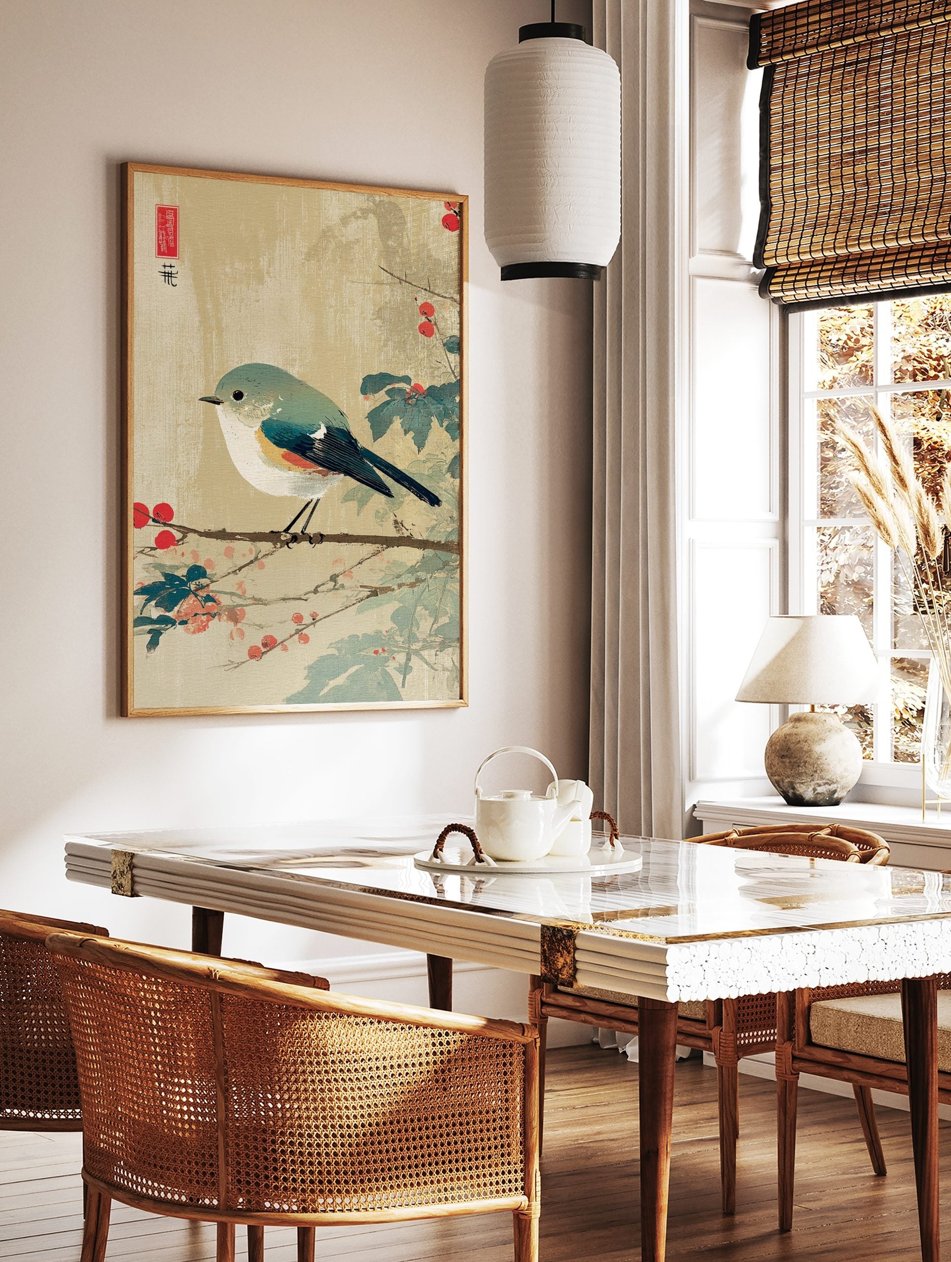 Japanese Ukiyo-e style print of a Red-flanked Bluetail bird on a branch with red berries and green, in a styled room mockup