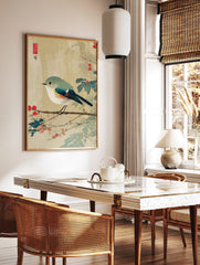 Japanese Ukiyo-e style print of a Red-flanked Bluetail bird on a branch with red berries and green, in a styled room mockup