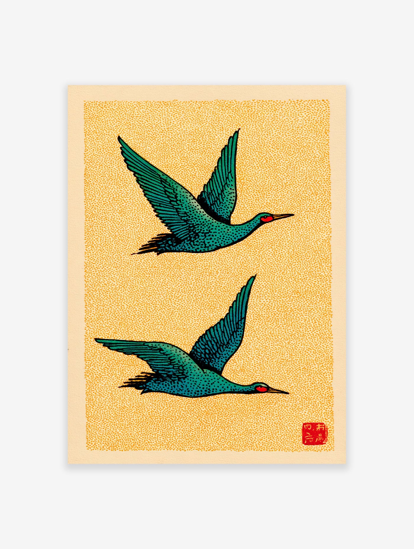 Japanese Ukiyo-e style art print featuring two teal birds flying against a textured yellow background.