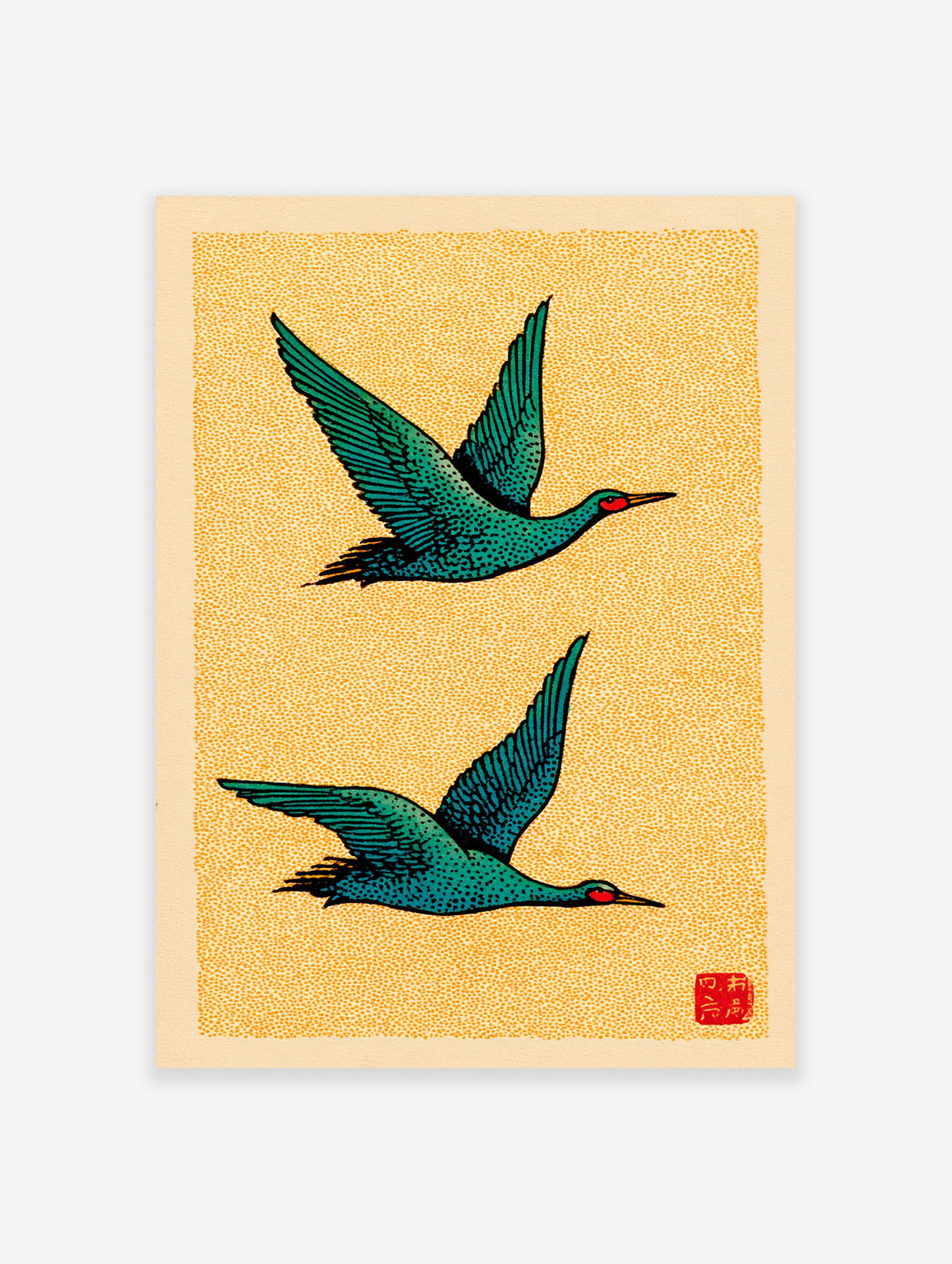 Japanese Ukiyo-e style art print featuring two teal birds flying against a textured yellow background.