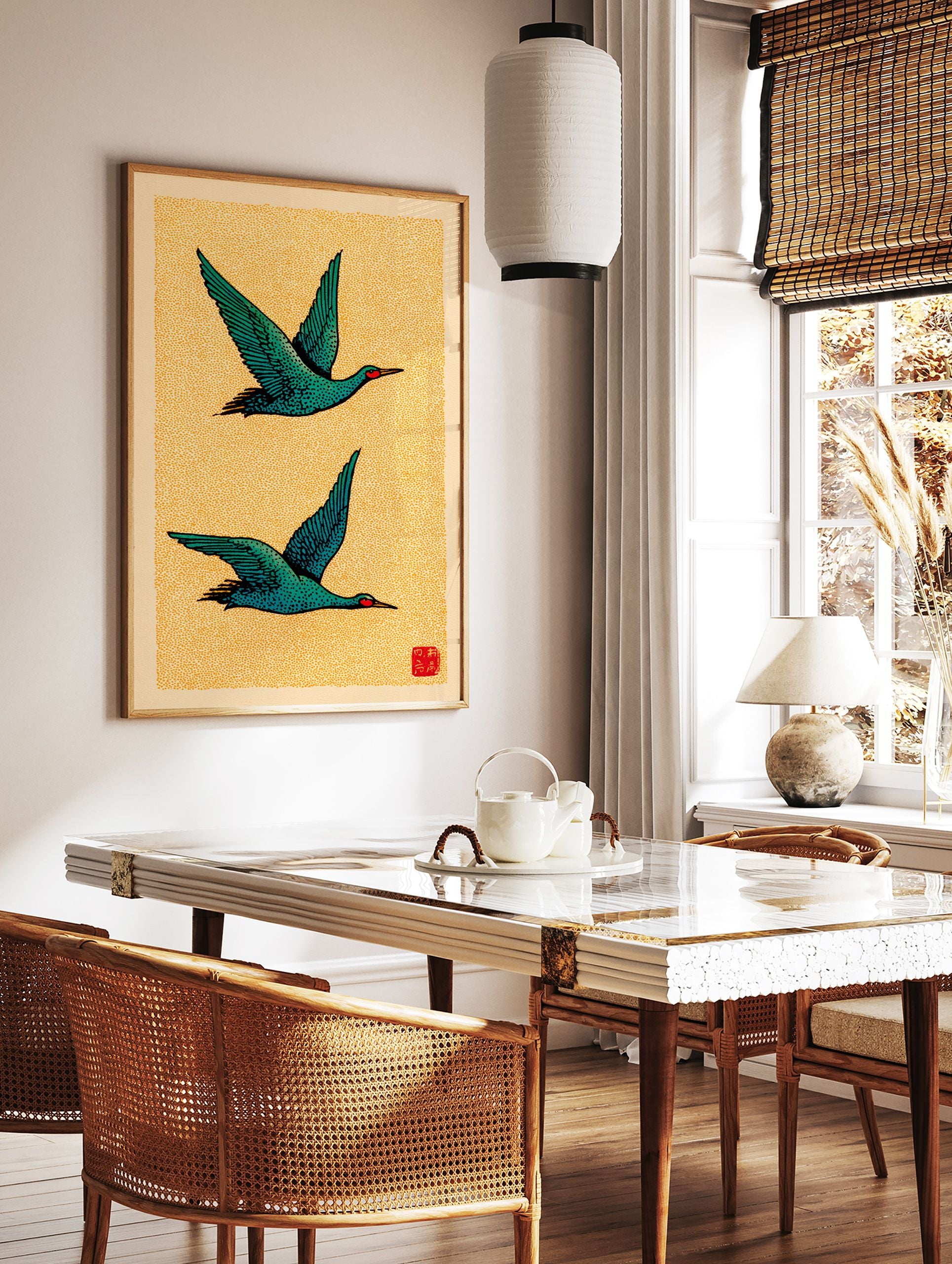 Japanese Ukiyo-e style art print featuring two teal birds flying against a textured yellow background. - Image 2