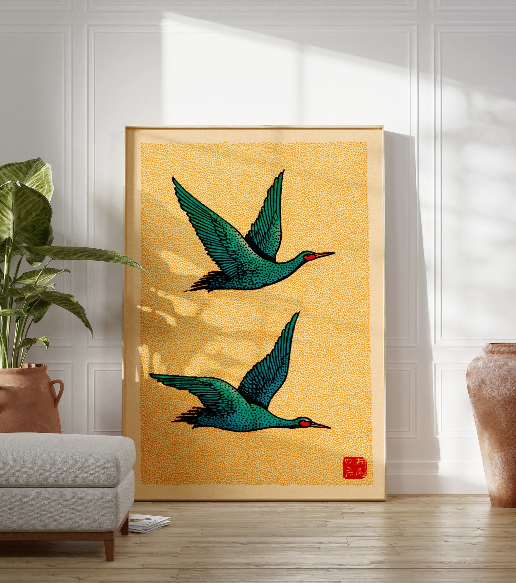 Japanese Ukiyo-e style art print featuring two teal birds flying against a textured yellow background. - Image 3