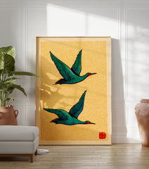 Japanese Ukiyo-e style art print featuring two teal birds flying against a textured yellow background. - Image 3