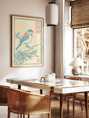 Japanese Ukiyo-e style bird print featuring a blue sparrow with red accents on a branch with leaves and flowers. - Image 3