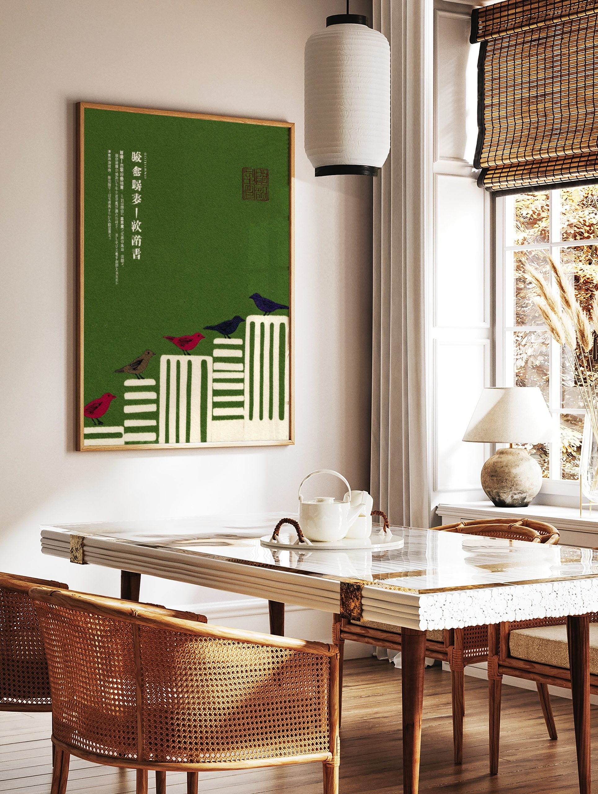 Illustrative Japanese birds wall art print with red, brown, and blue birds ascending white steps on, in a styled room mockup