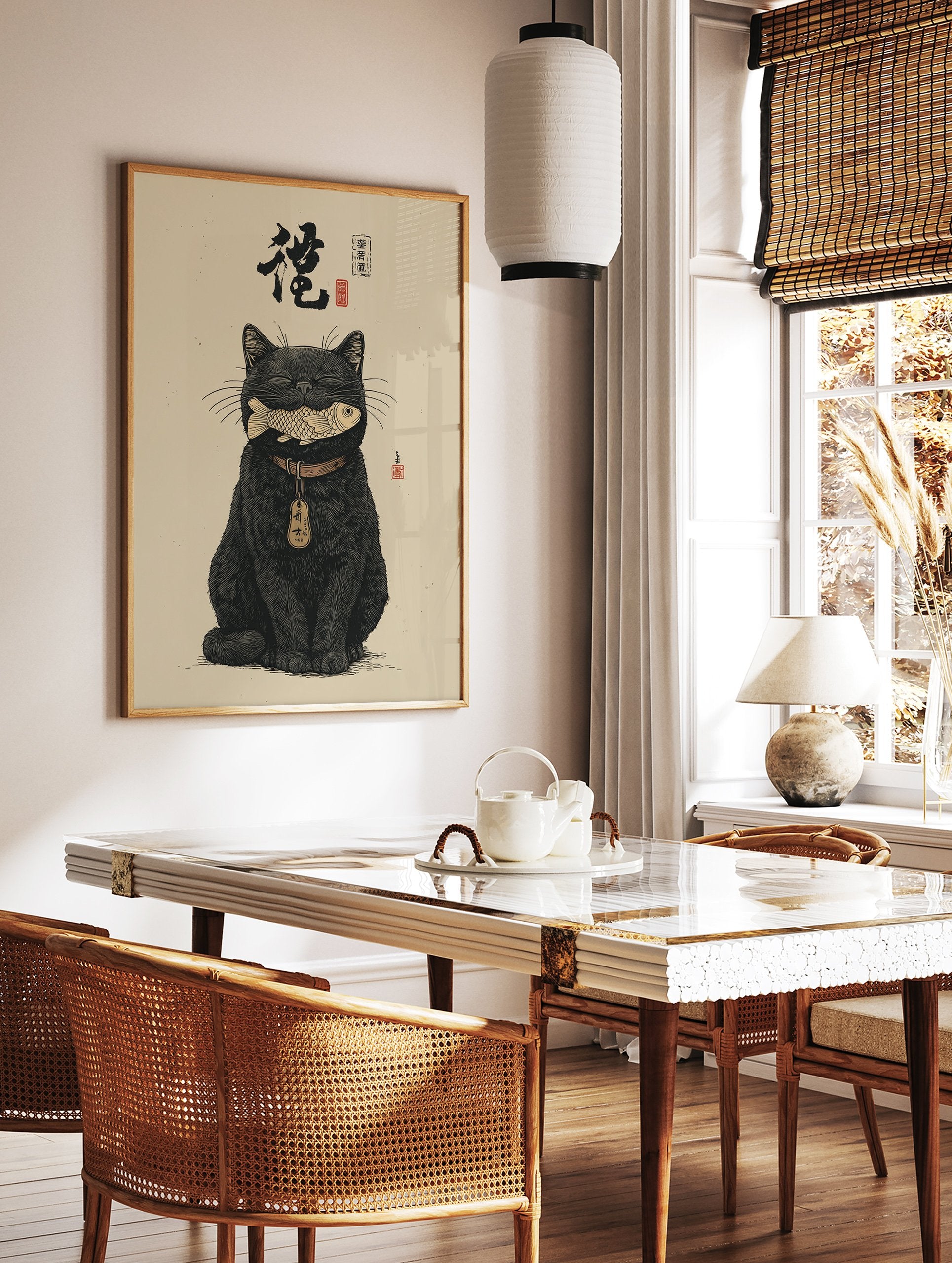 Japanese black cat poster illustration with a happy cat holding a golden fish in its mouth, traditional Asian art style. - Image 2
