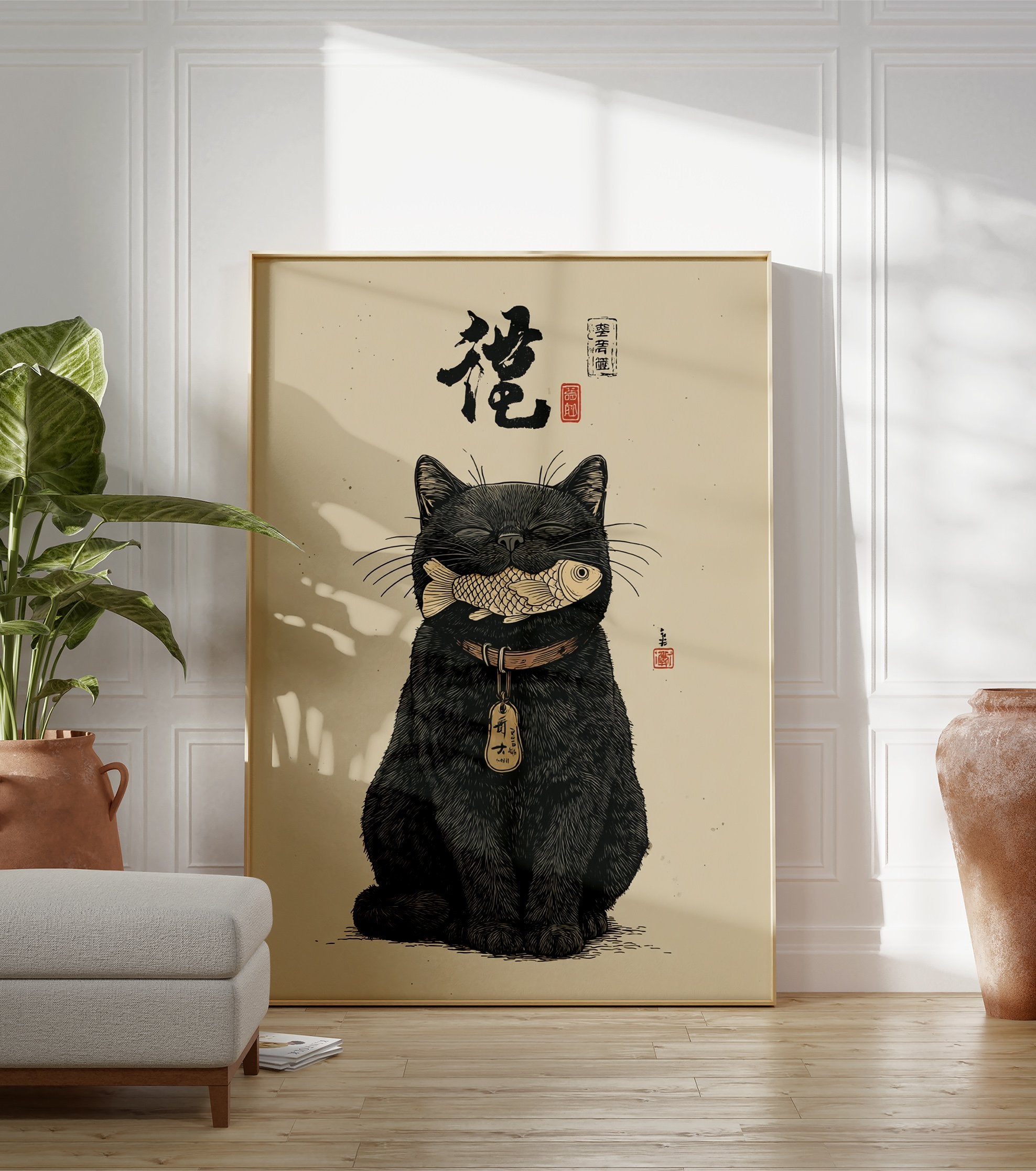 Japanese black cat poster illustration with a happy cat holding a golden fish in its mouth, traditional Asian art style. - Image 3