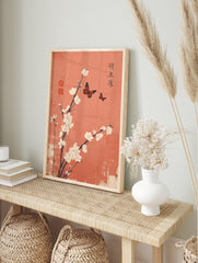 Japanese Blossom Butterfly poster with white flowers and orange butterflies on a textured muted orange background. - Image 4