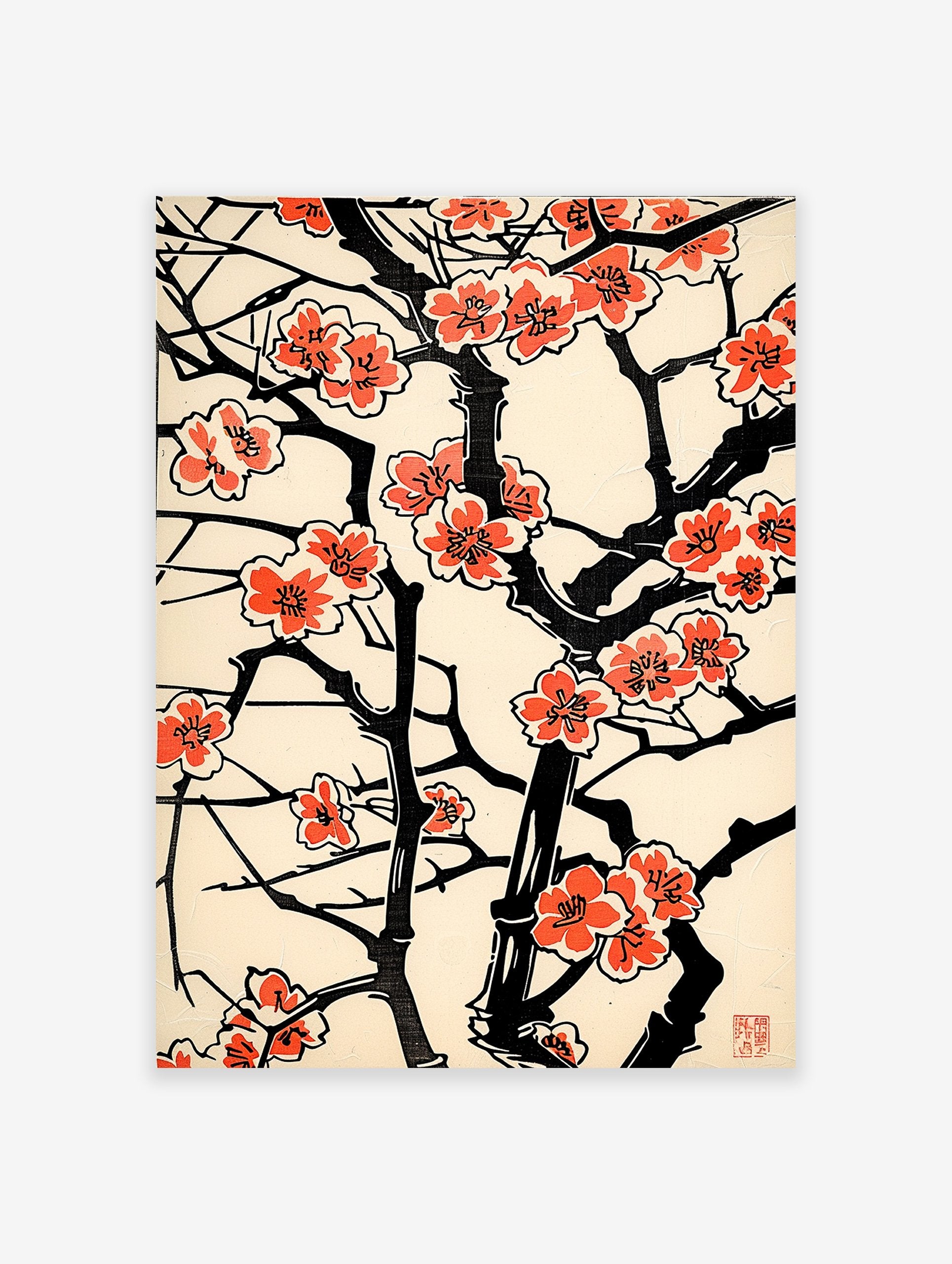 Japanese blossom poster with black branches and vibrant coral flowers on a cream background, in traditional woodblock style.