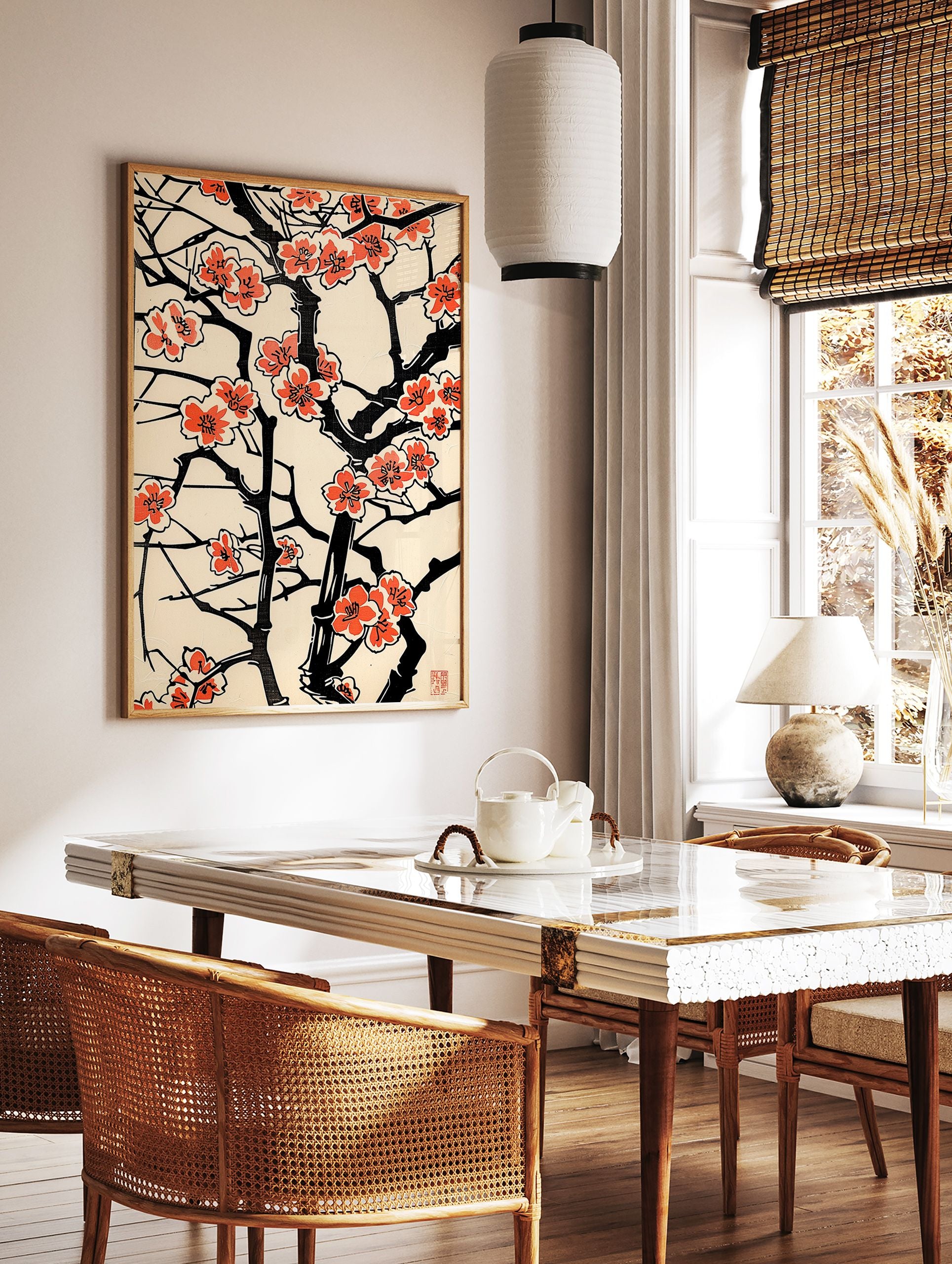 Japanese blossom poster with black branches and vibrant coral flowers on a cream background, in traditional woodblock style. - Image 2