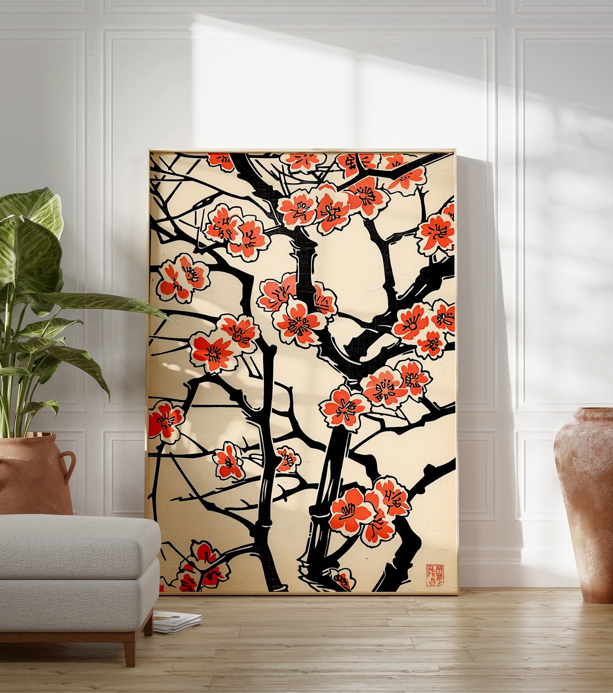 Japanese blossom poster with black branches and vibrant coral flowers on a cream background, in traditional woodblock style. - Image 3