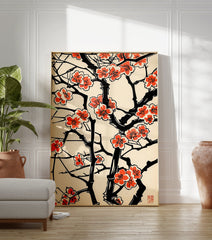 Japanese blossom poster with black branches and vibrant coral flowers on a cream background, in traditional woodblock style. - Image 3