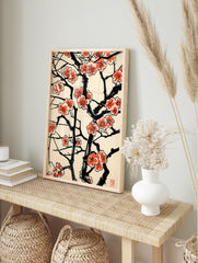 Japanese blossom poster with black branches and vibrant coral flowers on a cream background, in traditional woodblock style. - Image 4