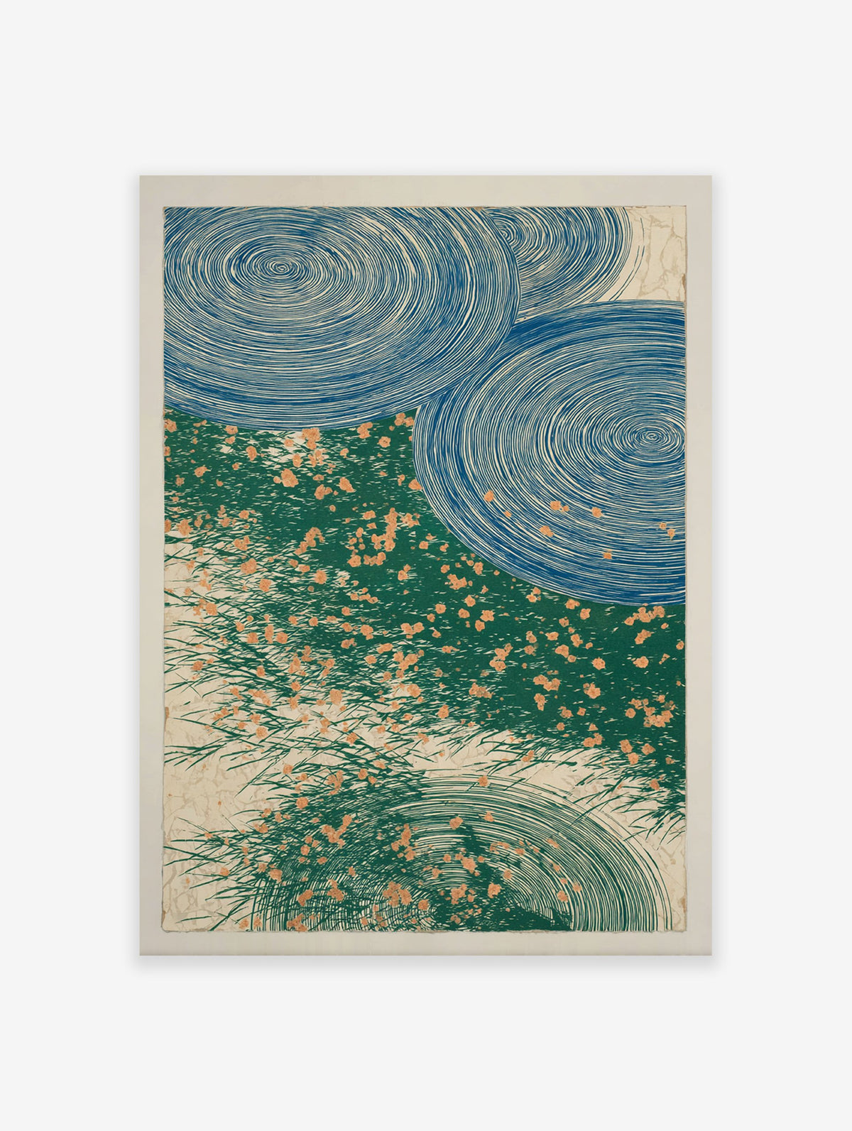 Japanese Blue Green Swirls Poster depicting stylized blue water ripples and green reeds with orange flecks.