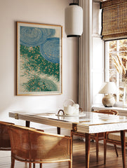 Japanese Blue Green Swirls Poster depicting stylized blue water ripples and green reeds with orange flecks. - Image 2