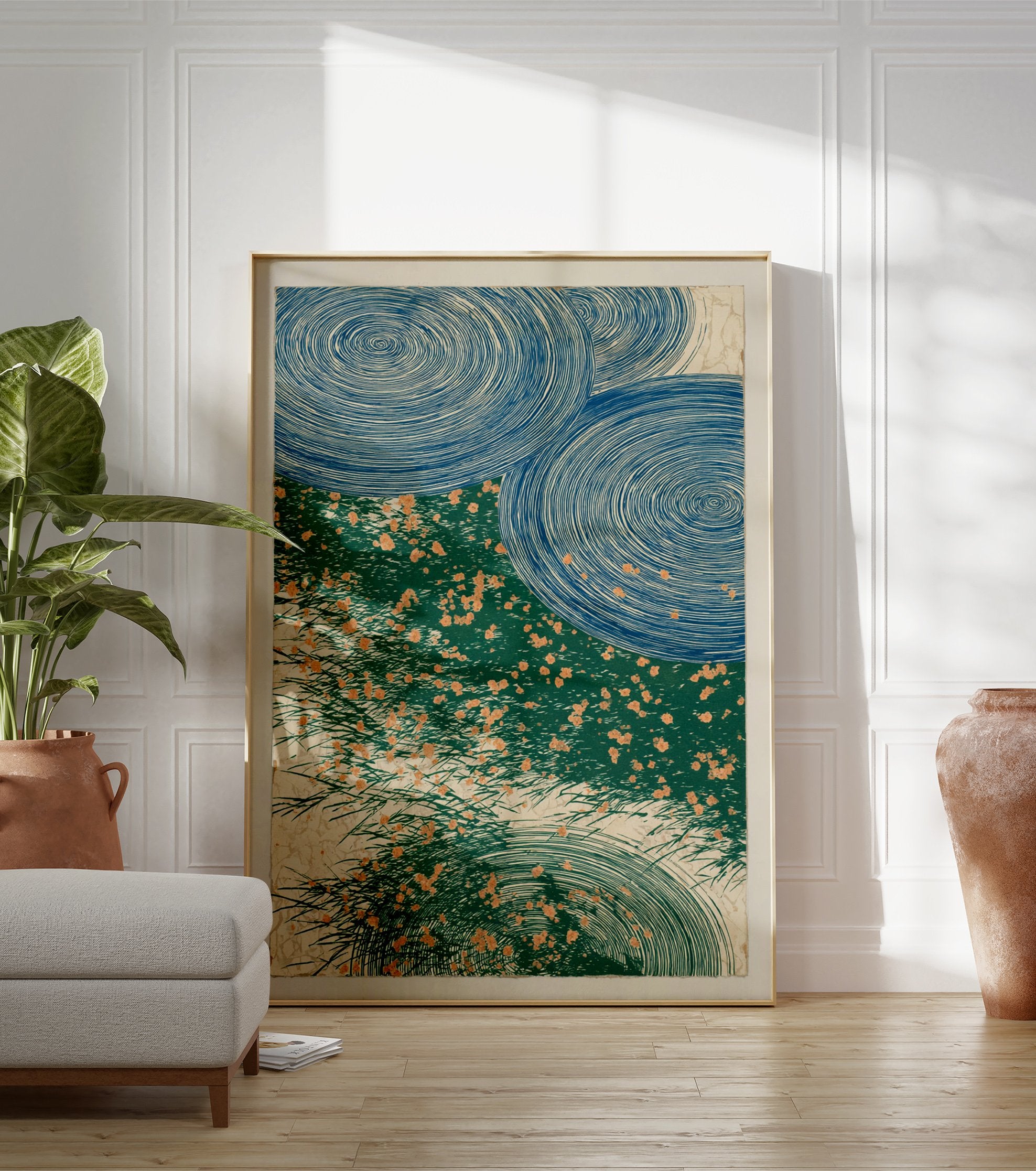 Japanese Blue Green Swirls Poster depicting stylized blue water ripples and green reeds with orange flecks. - Image 3