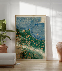 Japanese Blue Green Swirls Poster depicting stylized blue water ripples and green reeds with orange flecks. - Image 3