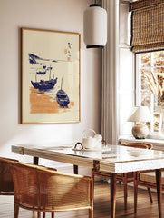 Japanese boat art print showing traditional fishing boats on an orange shore with dark blue cliffs and water, featuring calligraphy. - Image 2